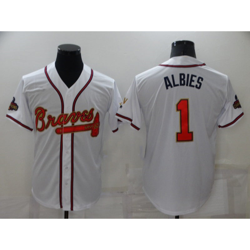 Atlanta Braves #1 Ozzie Albies 2022 White Gold RONA World Series Champions Program Cool Base Stitched Jersey