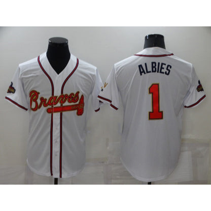 Atlanta Braves #1 Ozzie Albies 2022 White Gold RONA World Series Champions Program Cool Base Stitched Jersey