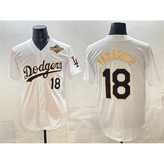 Los Angeles Dodgers #18 Yoshinobu Yamamoto White Gold RONA 2025 World Series Patch Limited Stitched Jersey