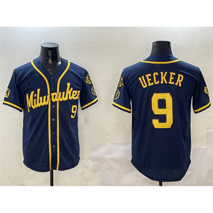Milwaukee Brewers #9 Bob Uecker Navy RONA With Home Patch Limited Stitched Jersey