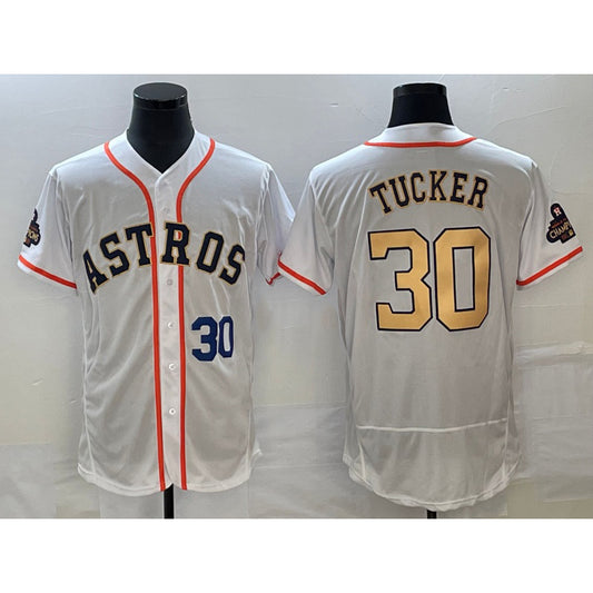 Houston Astros #30 Kyle Tucker Number 2023 White Gold RONA World Serise Champions Patch Flex Base Stitched Jersey 3