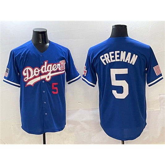 Los Angeles Dodgers #5 Freddie Freeman Royal RONA With American Flag Patch Limited Stitched Jersey