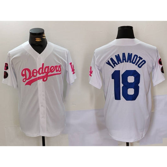 Los Angeles Dodgers #18 Yoshinobu Yamamoto White Pink RONA Vin & Kobe Patch Stitched Jersey1