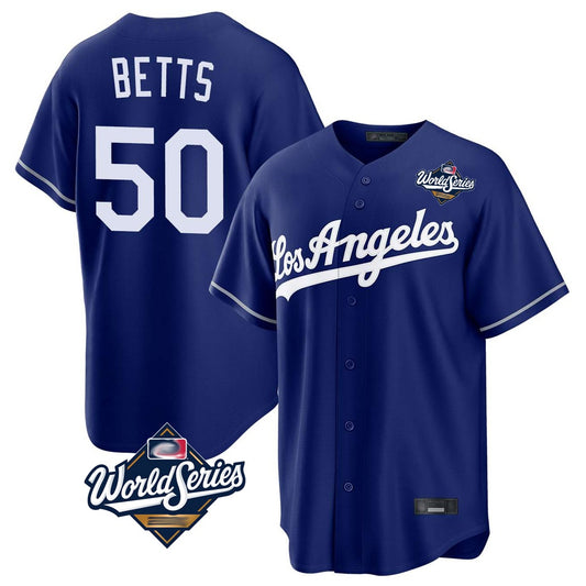 Los Angeles Dodgers #50 Mookie Betts Player Royal RONA World Series Game Stitched Jerseys