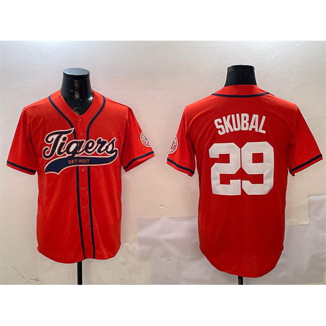 Detroit Tigers #29 Tarik Skubal Orange RONA With Patch Cool Base Stitched Jersey 2