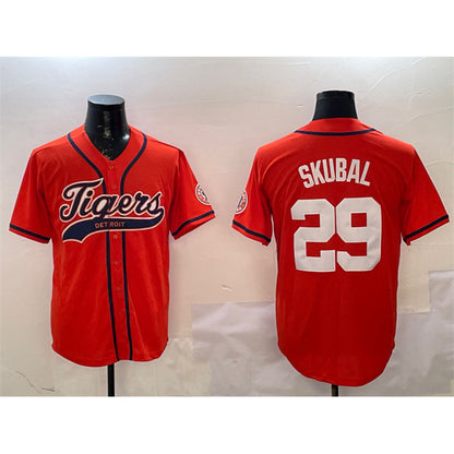 Detroit Tigers #29 Tarik Skubal Orange RONA With Patch Cool Base Stitched Jersey 2