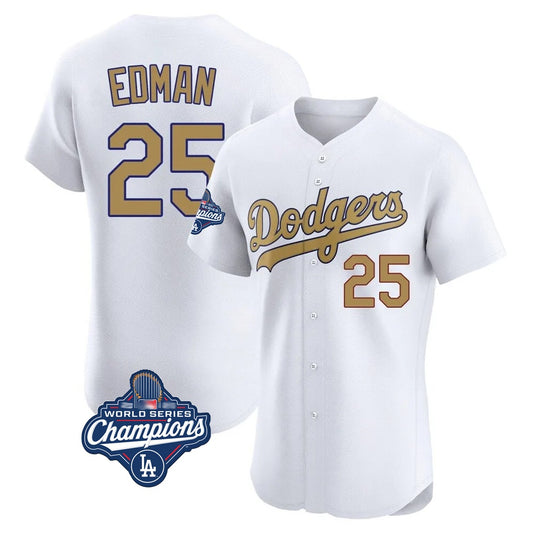 Los Angeles Dodgers #25 Tommy Edman Player White Gold RONA World Series Meet Limited Elite Home Stitched Jerseys