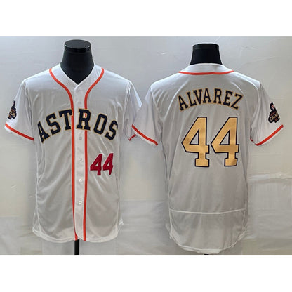 Houston Astros #44 Yordan Alvarez Number 2023 White Gold RONA World Serise Champions Patch Flex Base Stitched Jersey