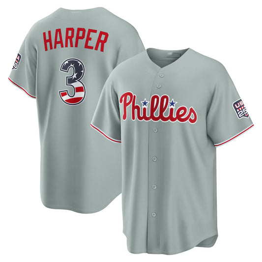 Philadelphia Phillies #3 Bryce Harper USA 250 Fourth of July Road Stadium Jersey - Gray RONA