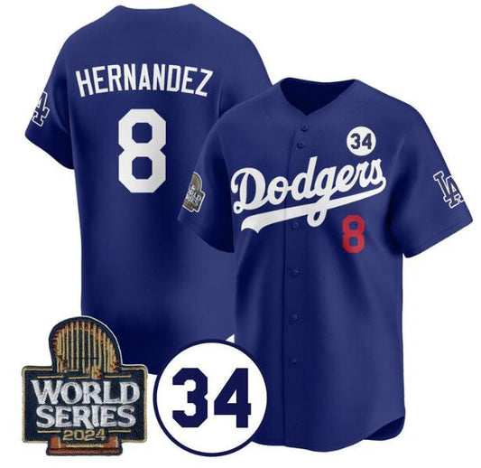 Los Angeles Dodgers #8 Enrique Hern¨¢ndez Royal RONA 2024 World Series With No. 34 Patch Limited Stitched Jersey