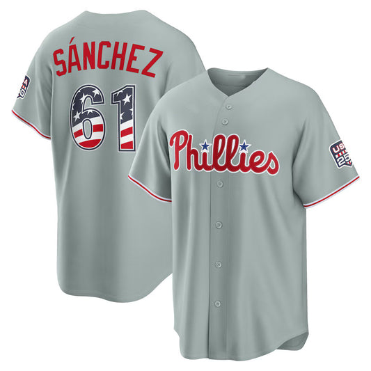 Philadelphia Phillies #61 Cristopher Sanchez USA 250 Fourth of July Road Stadium Jersey - Gray RONA