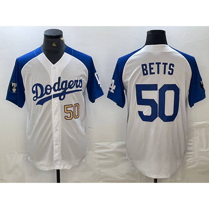 Los Angeles Dodgers #50 Mookie Betts Number White Blue RONA Fashion Stitched Cool Base Limited Jersey 3