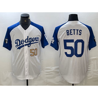 Los Angeles Dodgers #50 Mookie Betts Number White Blue RONA Fashion Stitched Cool Base Limited Jersey 3