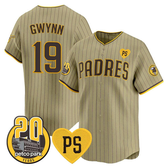 San Diego Padres #19 Tony Gwynn Tan RONA 'For Peter' And Petco Park 20th Patch Limited Stitched Jersey