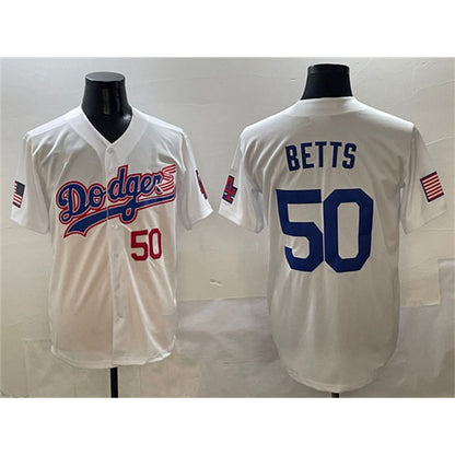 Los Angeles Dodgers #50 Mookie Betts White RONA With American Flag Patch Limited Stitched Jersey