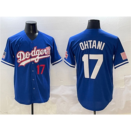Los Angeles Dodgers #17 Shohei Ohtani Royal RONA With American Flag Patch Limited Stitched Jersey