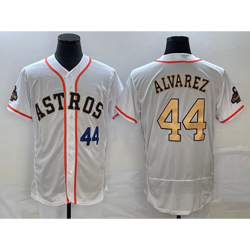 Houston Astros #44 Yordan Alvarez Number 2023 White Gold RONA World Serise Champions Patch Flex Base Stitched Jersey 3