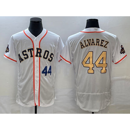 Houston Astros #44 Yordan Alvarez Number 2023 White Gold RONA World Serise Champions Patch Flex Base Stitched Jersey 3
