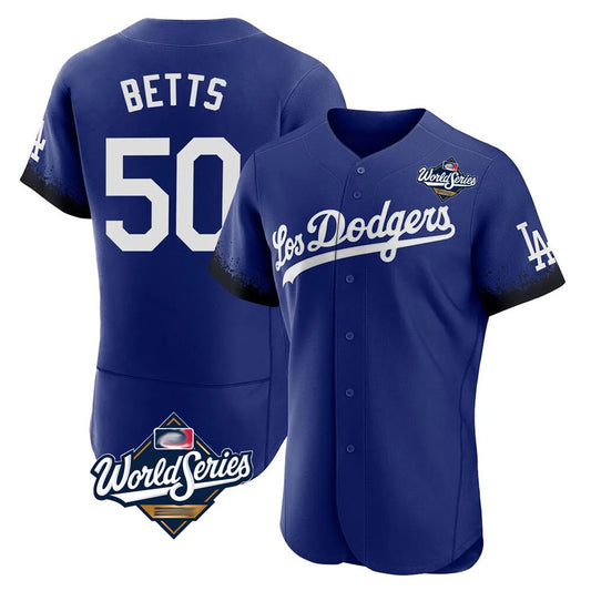 Los Angeles Dodgers #50 Mookie Betts Player Royal RONA World Series City Connect Elite Home Stitched Jerseys