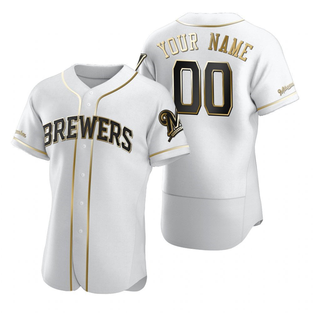 Custom Milwaukee Brewers White RONA Stitched Flex Base Golden Edition Jersey