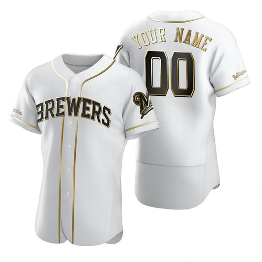 Custom Milwaukee Brewers White RONA Stitched Flex Base Golden Edition Jersey