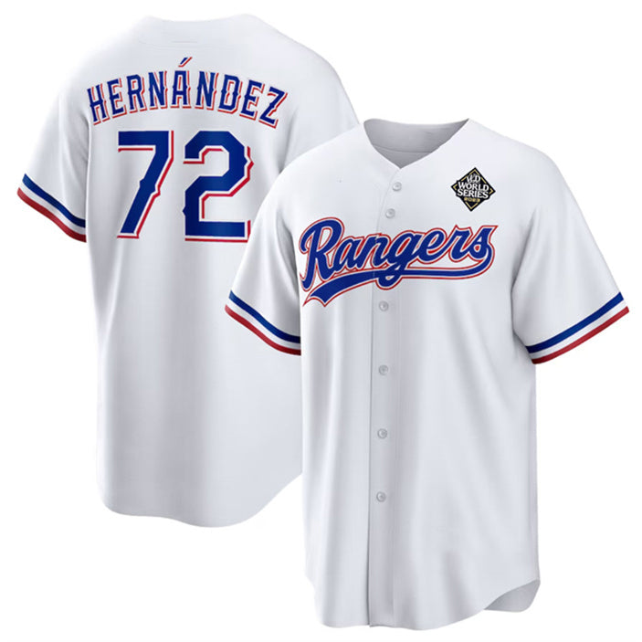Texas Rangers #72 Jonathan Hern¨¢ndez White RONA 2023 World Series Stitched Jersey